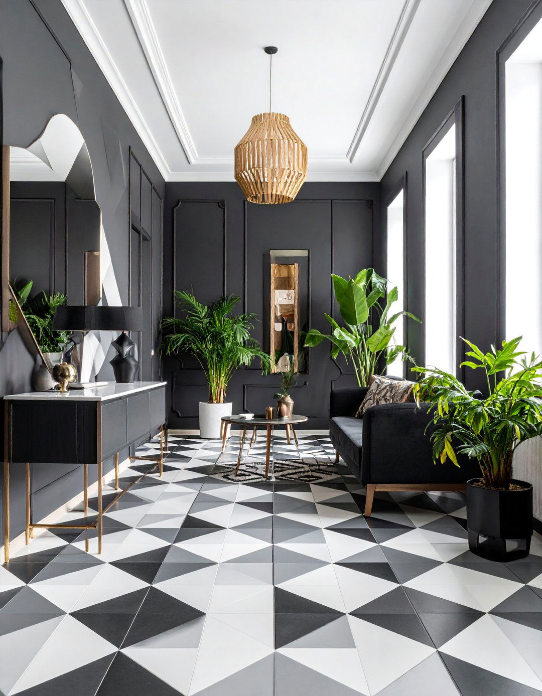 Black Hallway with Geometric Pattern Accents - 25 Black Hallway Ideas
