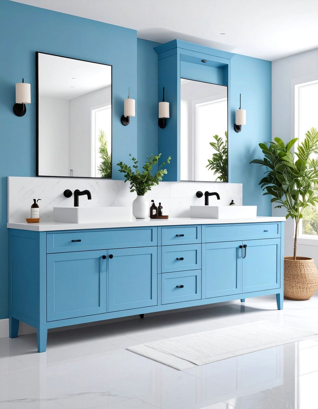 Black Hardware with Powder Blue Cabinets - 25 black and blue bathroom ideas