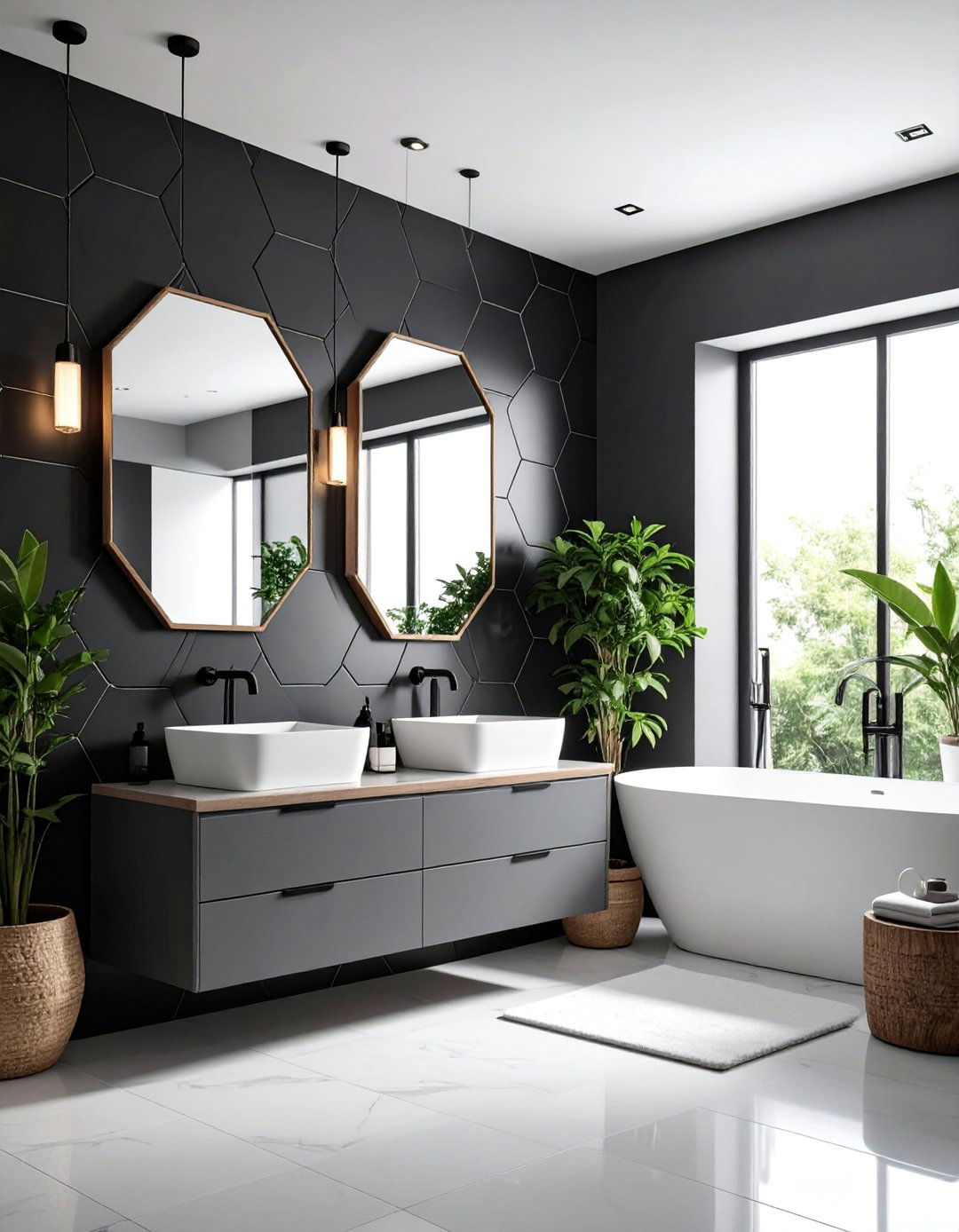 Black Hexagon Tile Feature Bathroom - 25 Black and Grey Bathroom Ideas