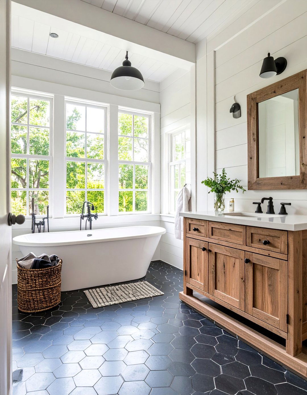 Black Hexagon Tile Modern Farmhouse Floor - 25 Black Floor Bathroom Ideas