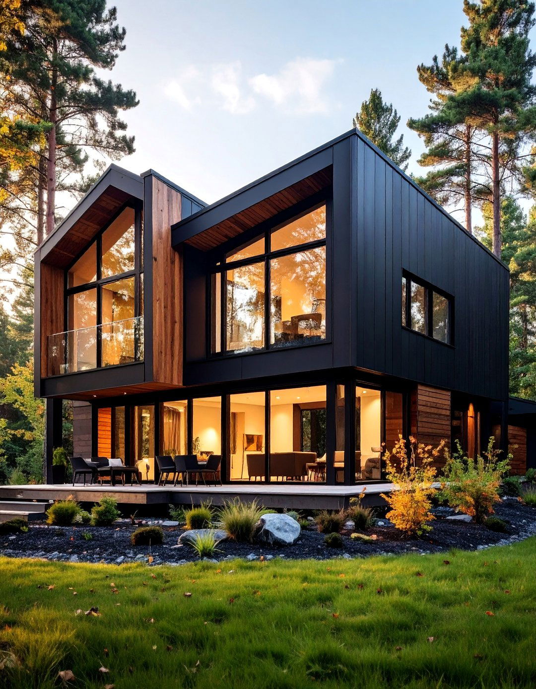 Black House with Natural Wood Accents - 25 Modern Black Houses