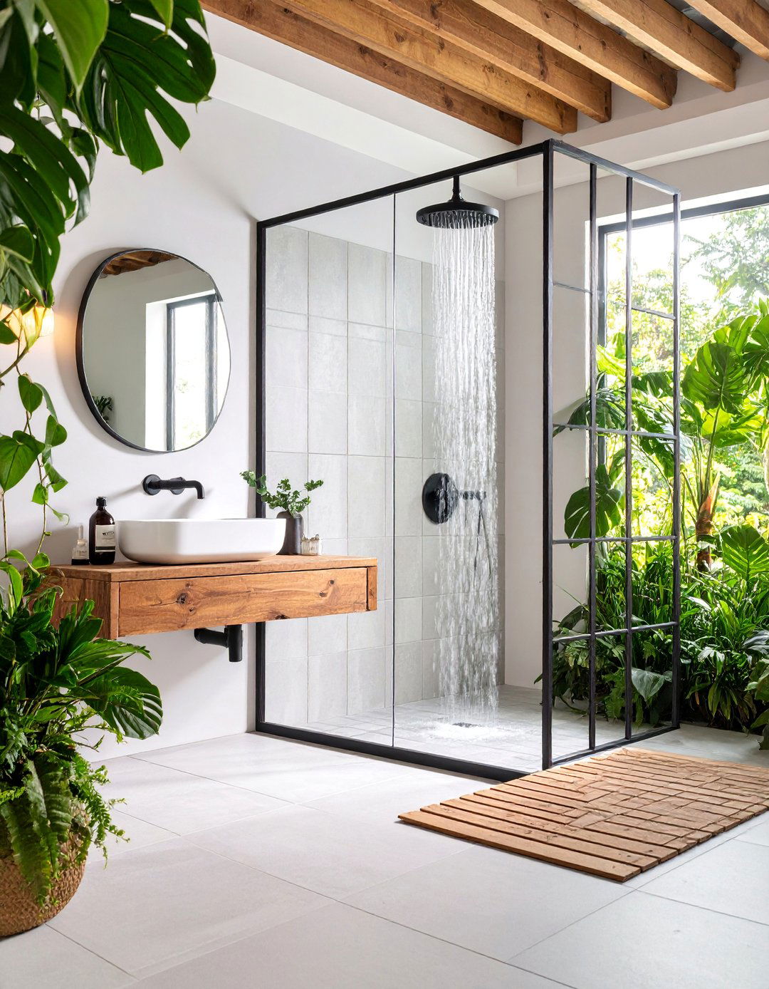 Black Iron Grid Shower Screen - 25 Rustic Walk-in Shower Ideas