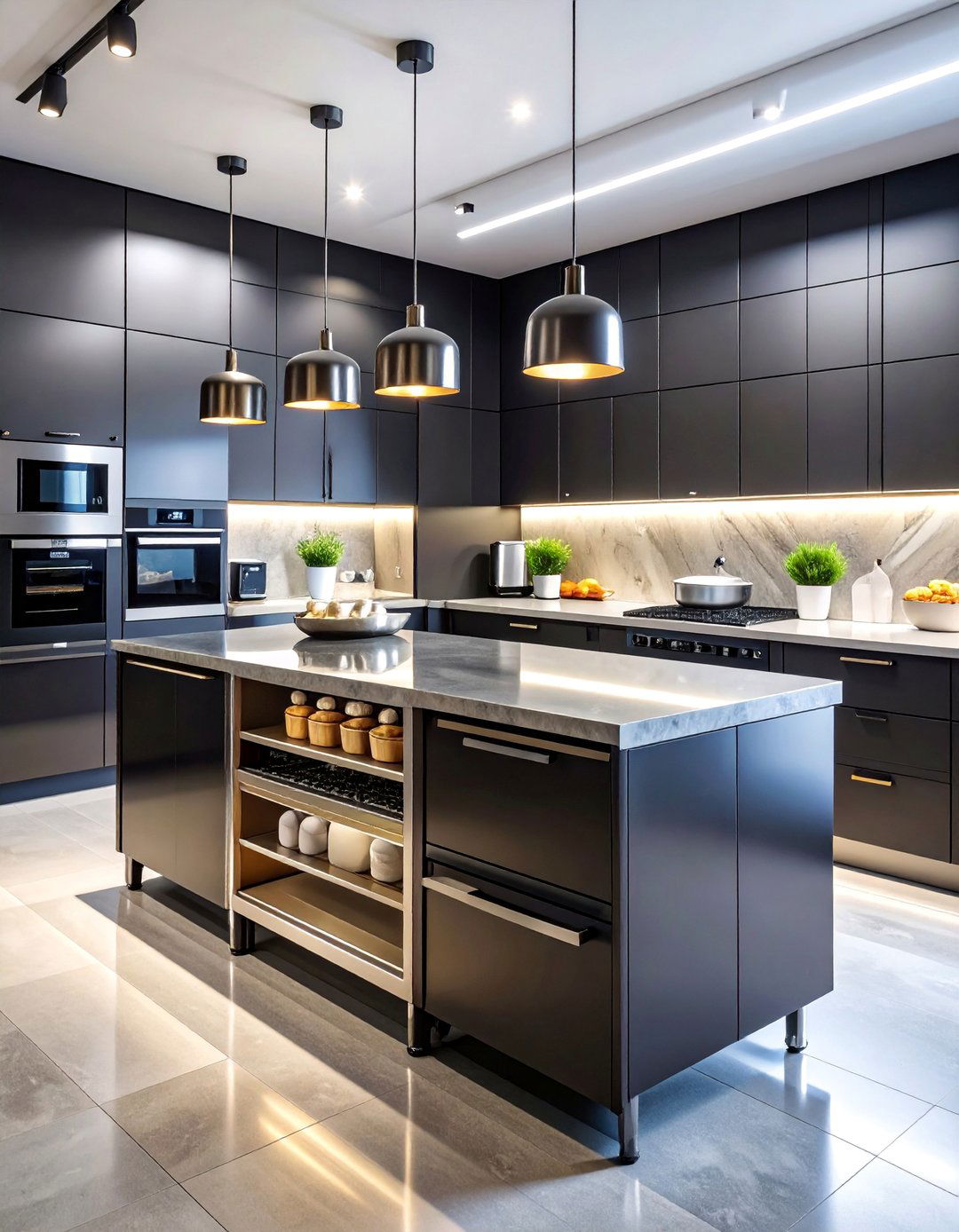 Black Island with Bakery Station Setup - 25 Black Kitchen Islands