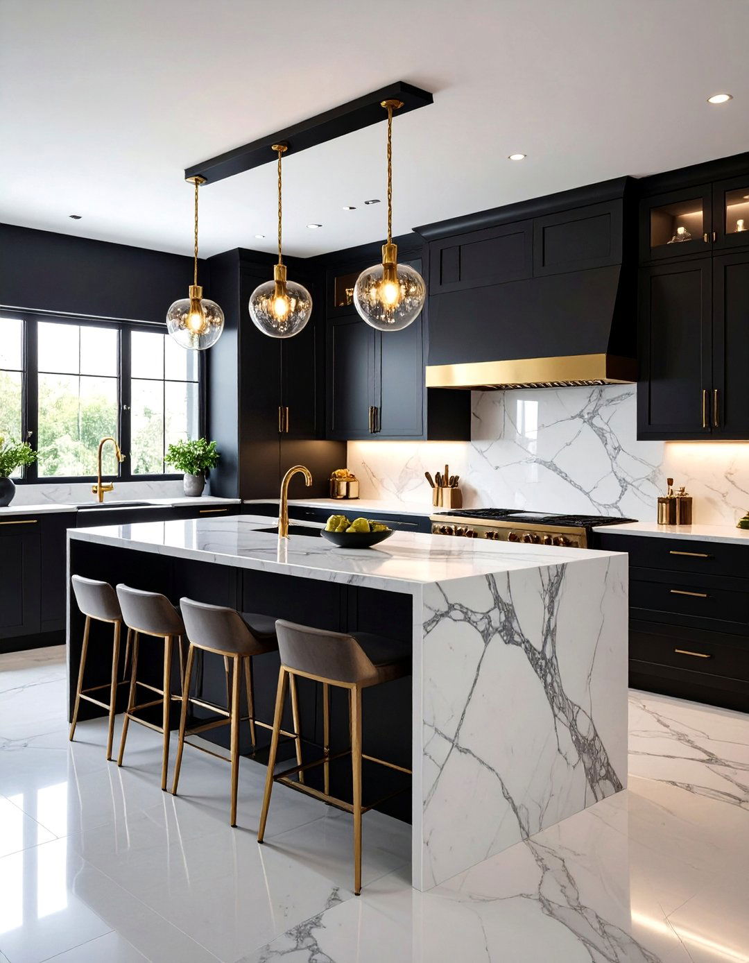 Black Island with Marble and Gold Details - 25 Black Kitchen Islands