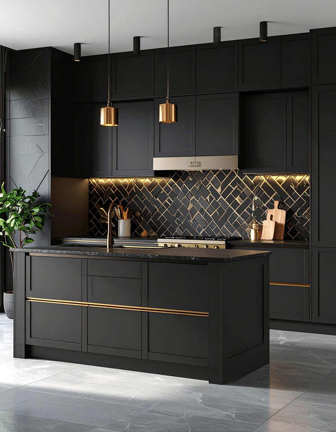 Black Kitchen with Geometric Tile Backsplash - 25 Black Kitchen Cabinet Ideas