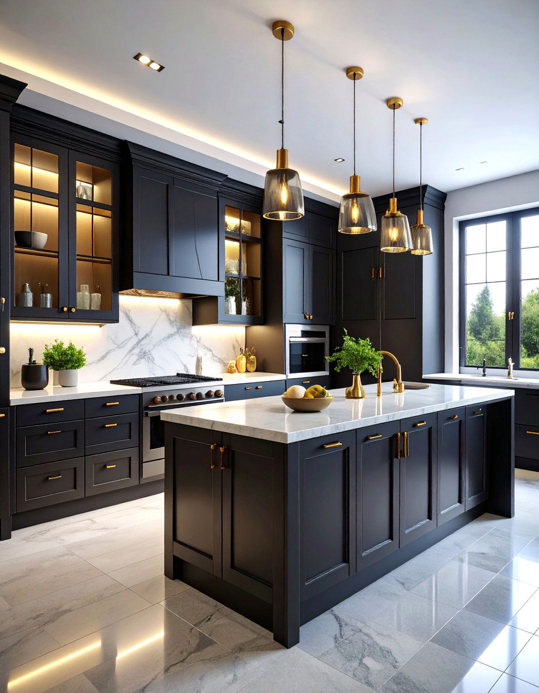 Black Kitchen with Glass Front Upper Cabinets - 25 kitchens with beautiful black cabinets
