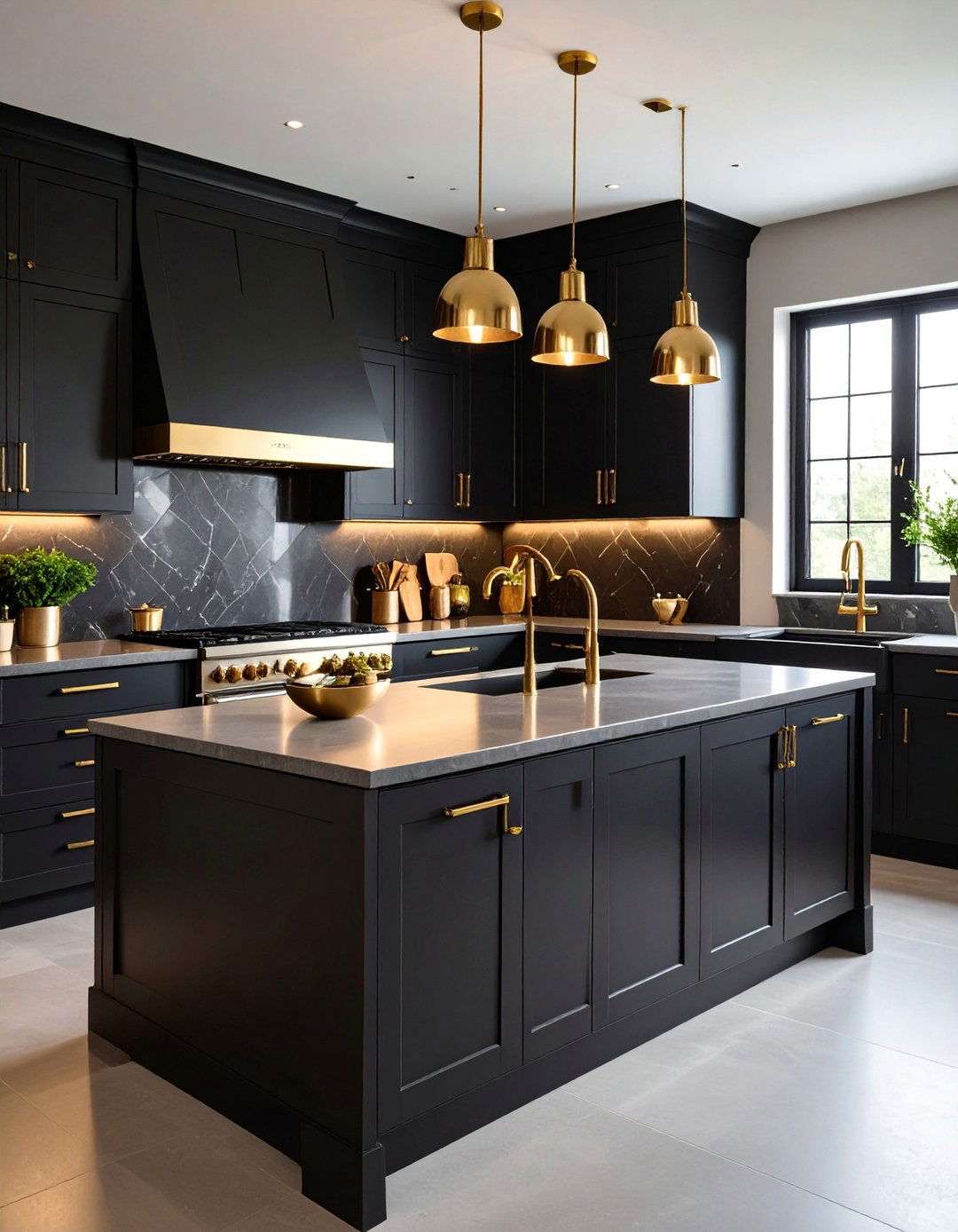 Black Kitchen with Gold Hardware and Warm Metallics - 25 Black Kitchen Cabinet Ideas