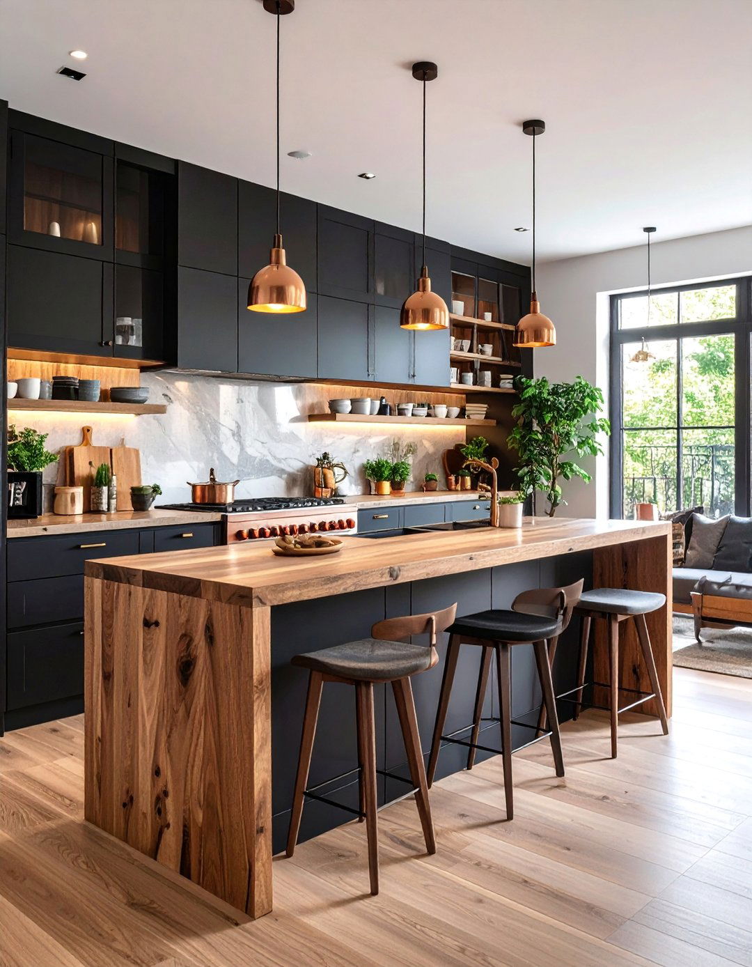 Black Kitchen with Natural Wood Contrast and Copper Accents - 25 Kitchens With Black Cabinets