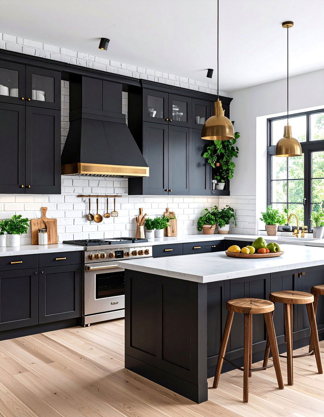 Black Kitchen with White Brick Accent Wall - 25 kitchens with beautiful black cabinets