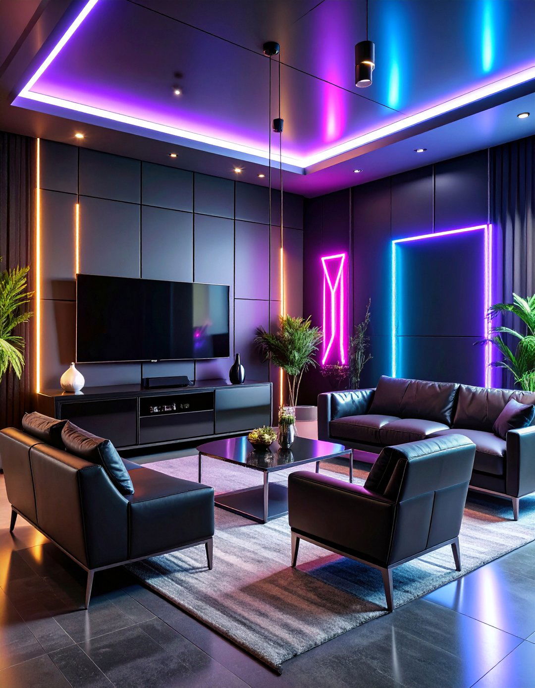 Black Lacquer and Chrome Entertainment Room with Neon Accents - 25 Art Deco Interior Design Ideas