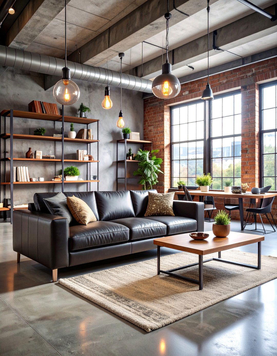 Black Leather Couch with Industrial Lighting Fixtures - 25 Black Couch Living Room Ideas