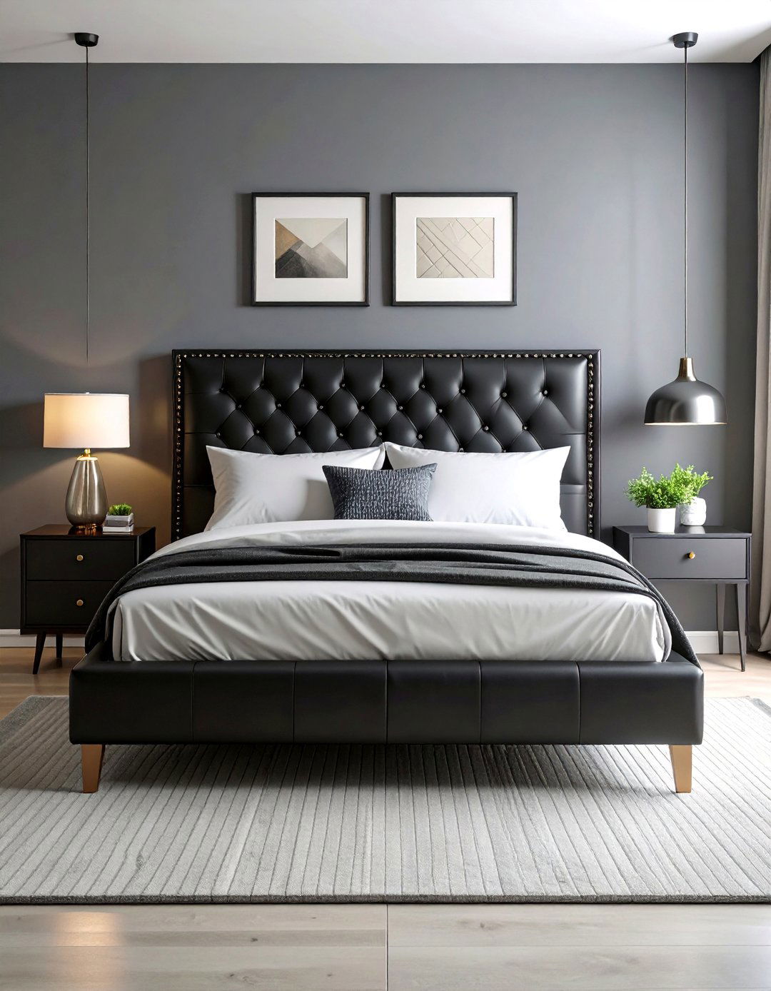 Black Leather Headboard with Silver Stud Details - 25 Black and Silver Bedroom Ideas