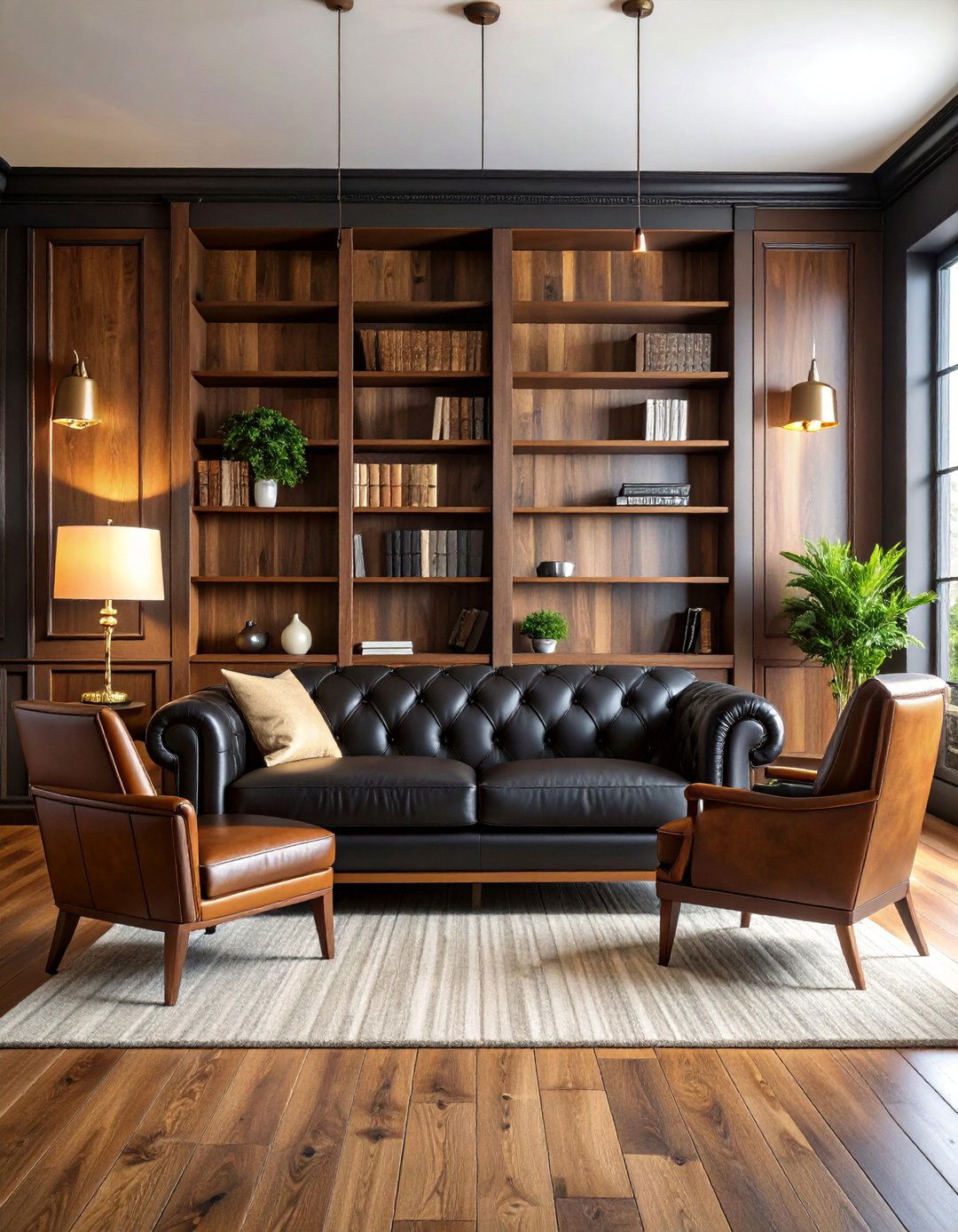 Black Leather Sofa with Masculine Den Aesthetic - 25 Black Couch Living Room Ideas