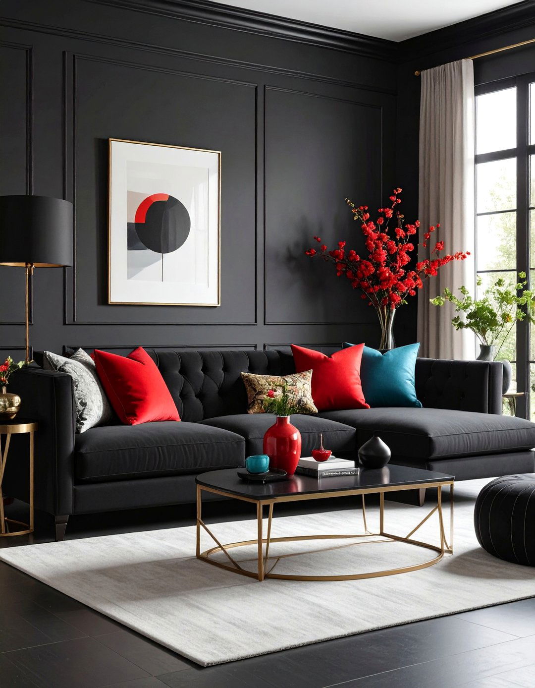Black Living Room with Colorful Accent Pieces - 25 Black Living Room Ideas