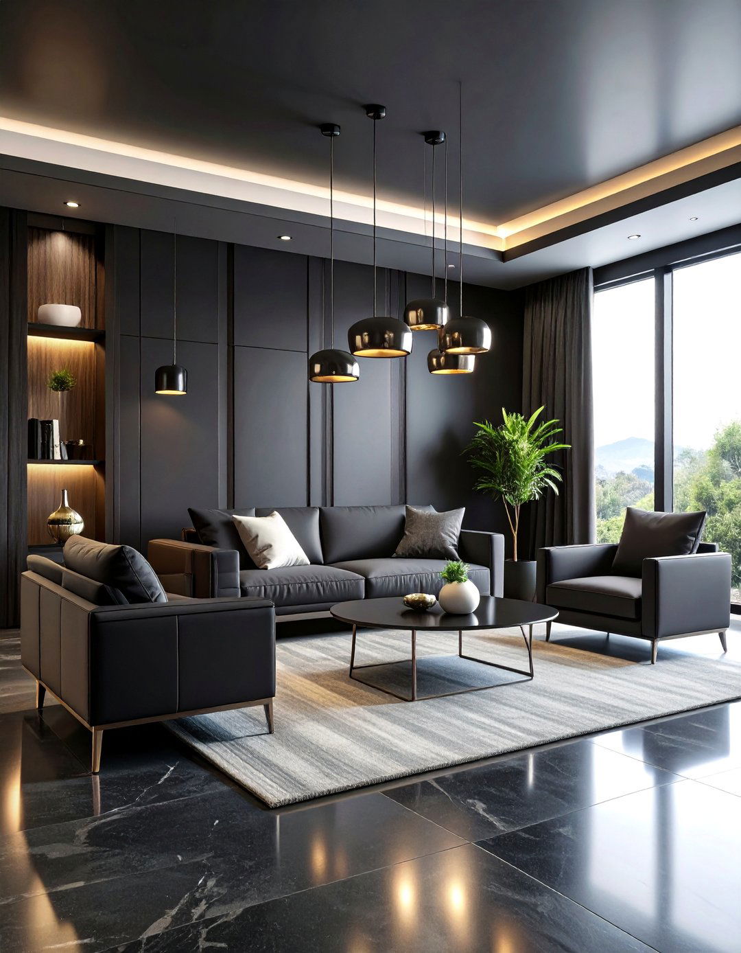 Black Living Room with High Gloss Finishes - 25 Monochromatic Living Room Ideas