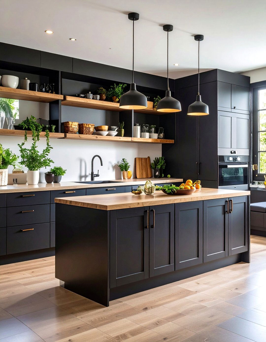 Black Lower Cabinets with Open Upper Shelving - 25 Black Kitchen Cabinet Ideas
