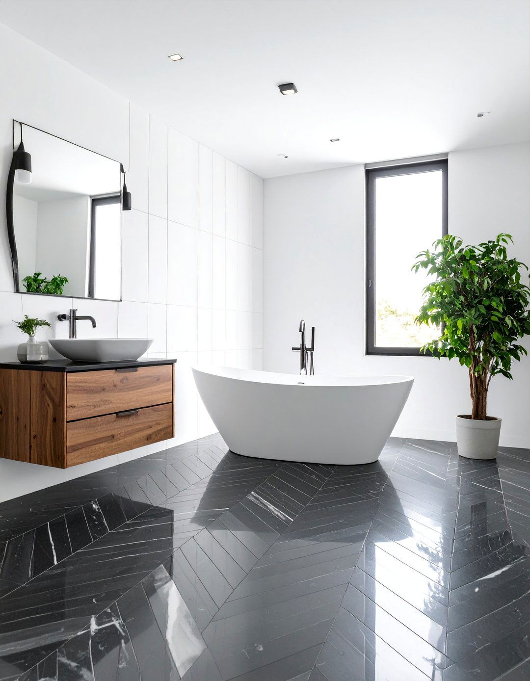 Black Marble Geometric Floor with White Wall Contrast - 25 Black Marble Bathrooms