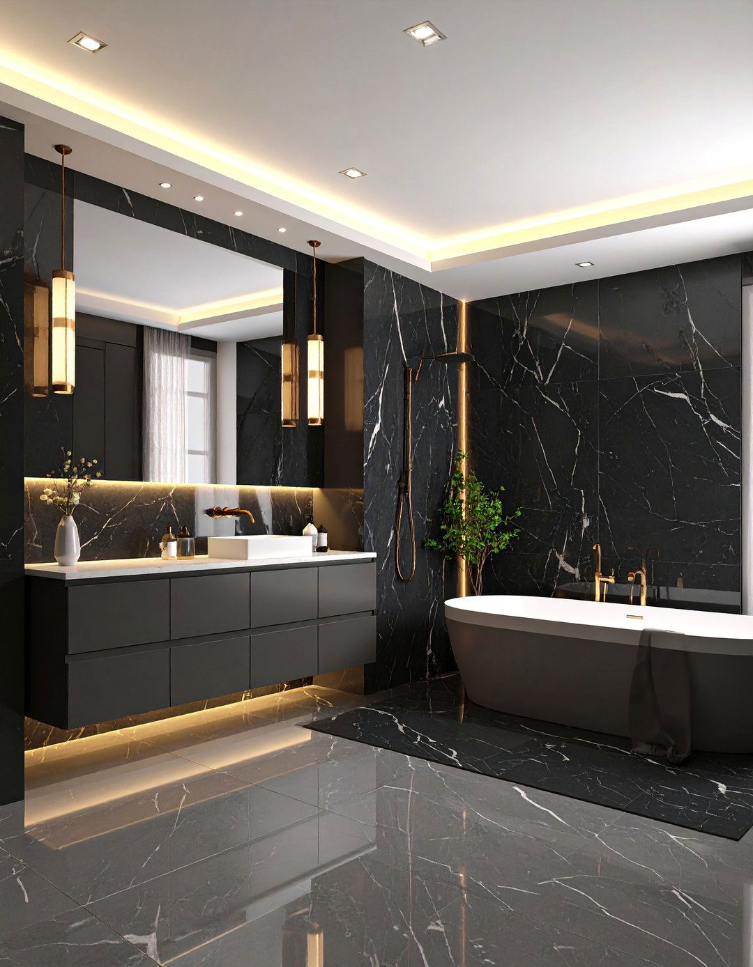 Black Marble Half Wall Design with Modern Elements - 25 Black Marble Bathrooms