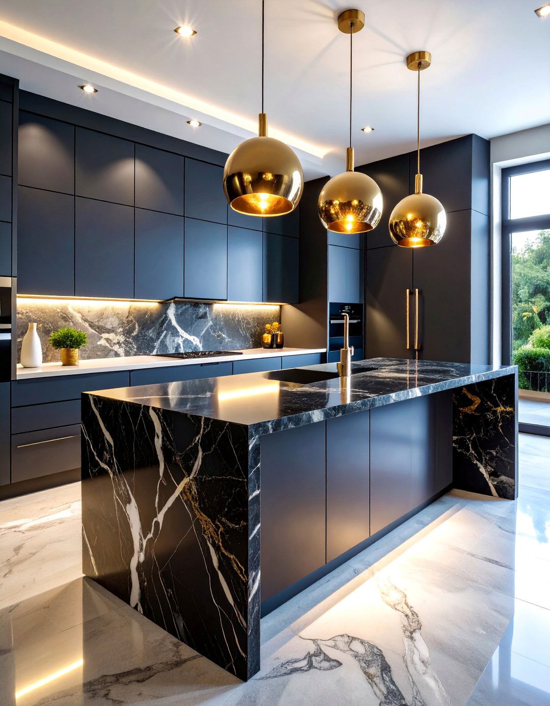 Black Marble Island with Gold Veining - 25 Marble Kitchen Island Ideas