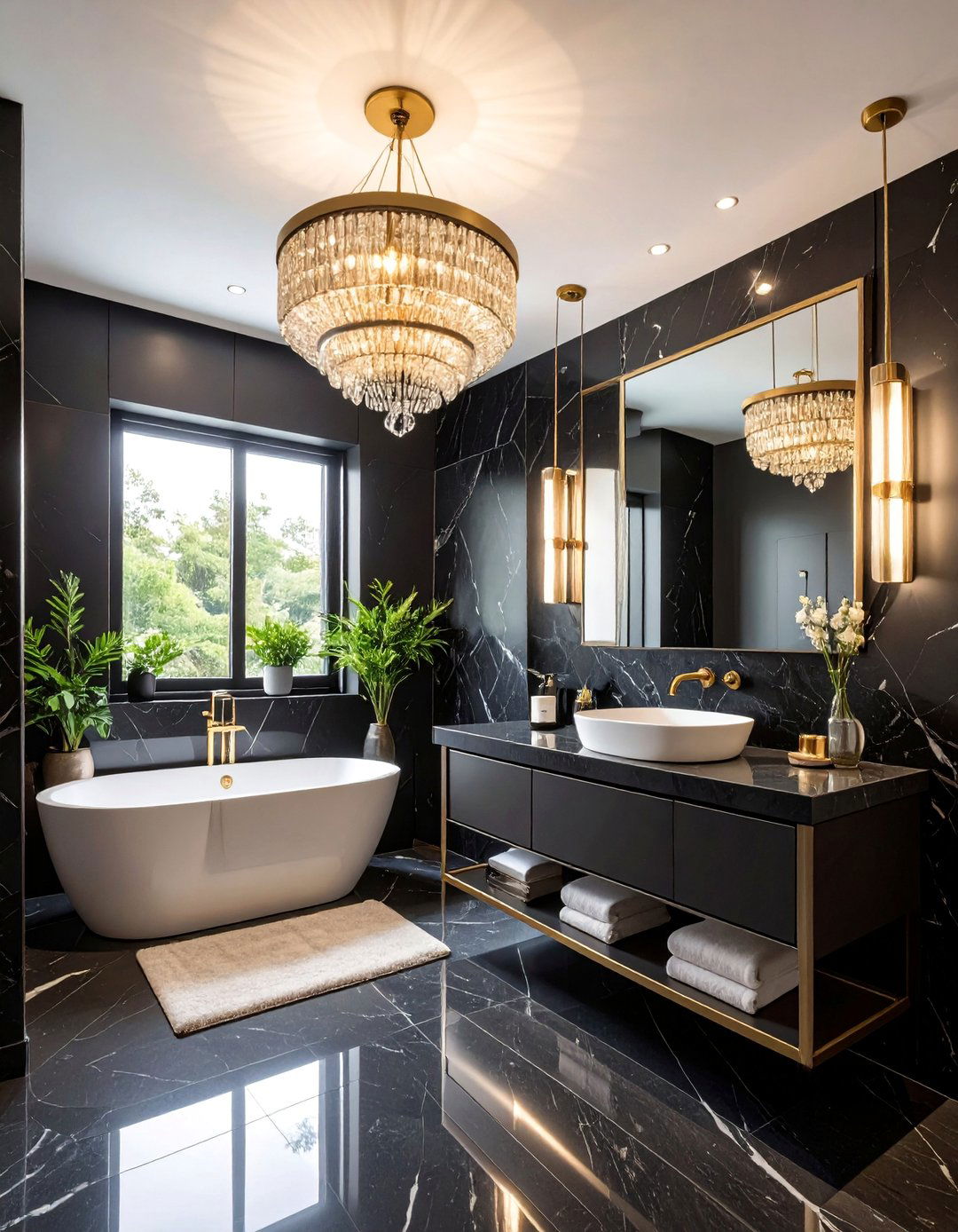 Black Marble Powder Room with Statement Lighting - 25 Black Marble Bathrooms