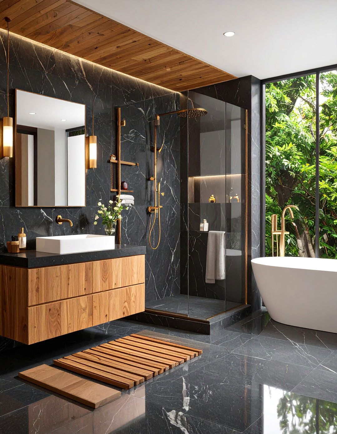 Black Marble Slabs with Teak Wood Shower Bench - 25 Black and Wood Bathroom Ideas