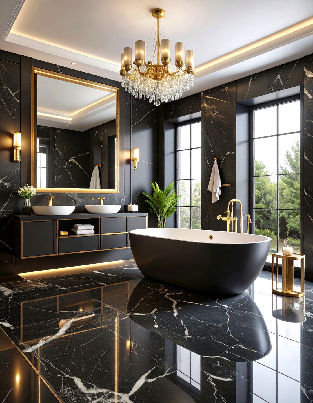 Black Marble Veined Luxury Bathroom Floor - 25 Black Floor Bathroom Ideas