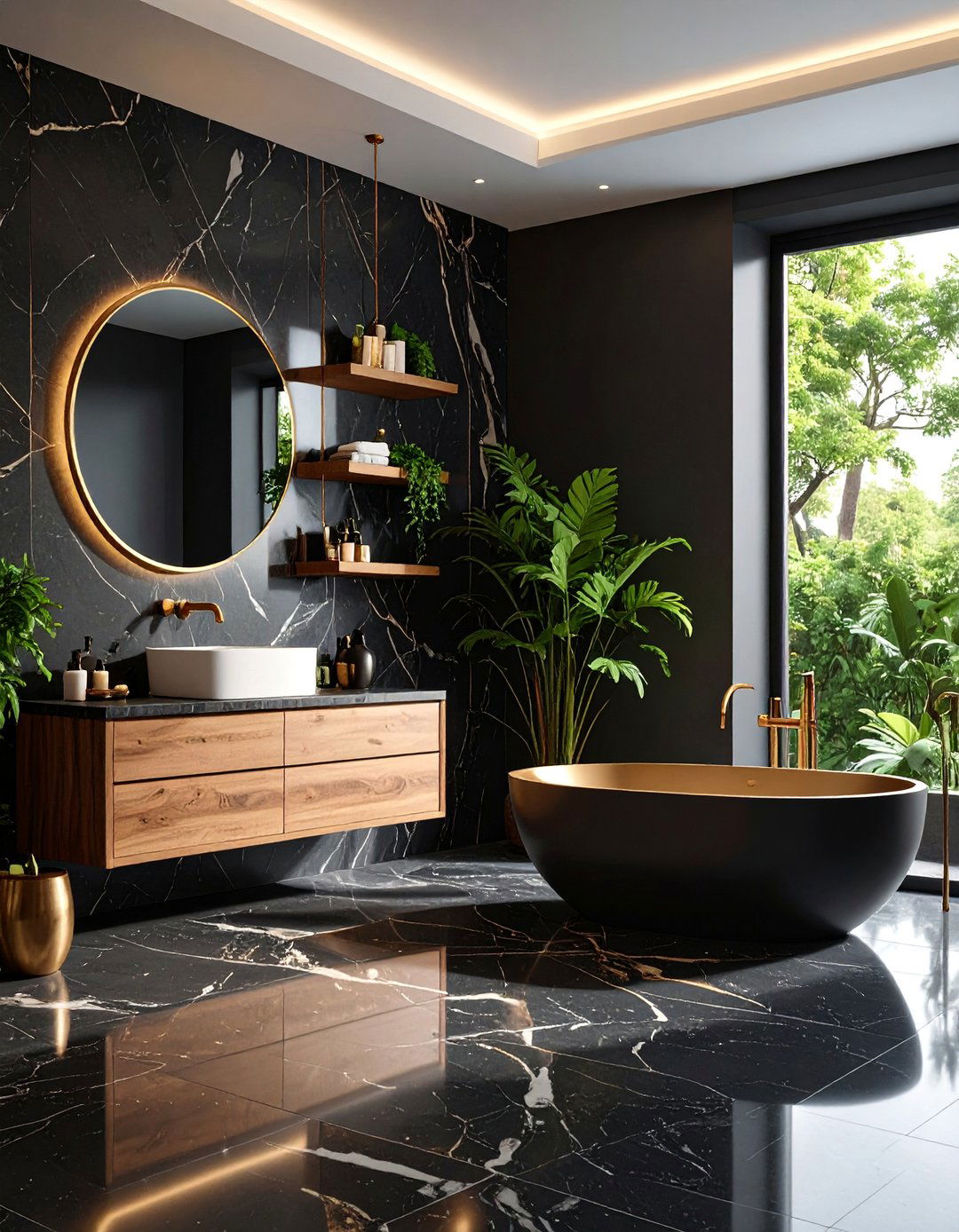 Black Marble Walls with Walnut Wood Accents - 25 brown and black bathroom ideas