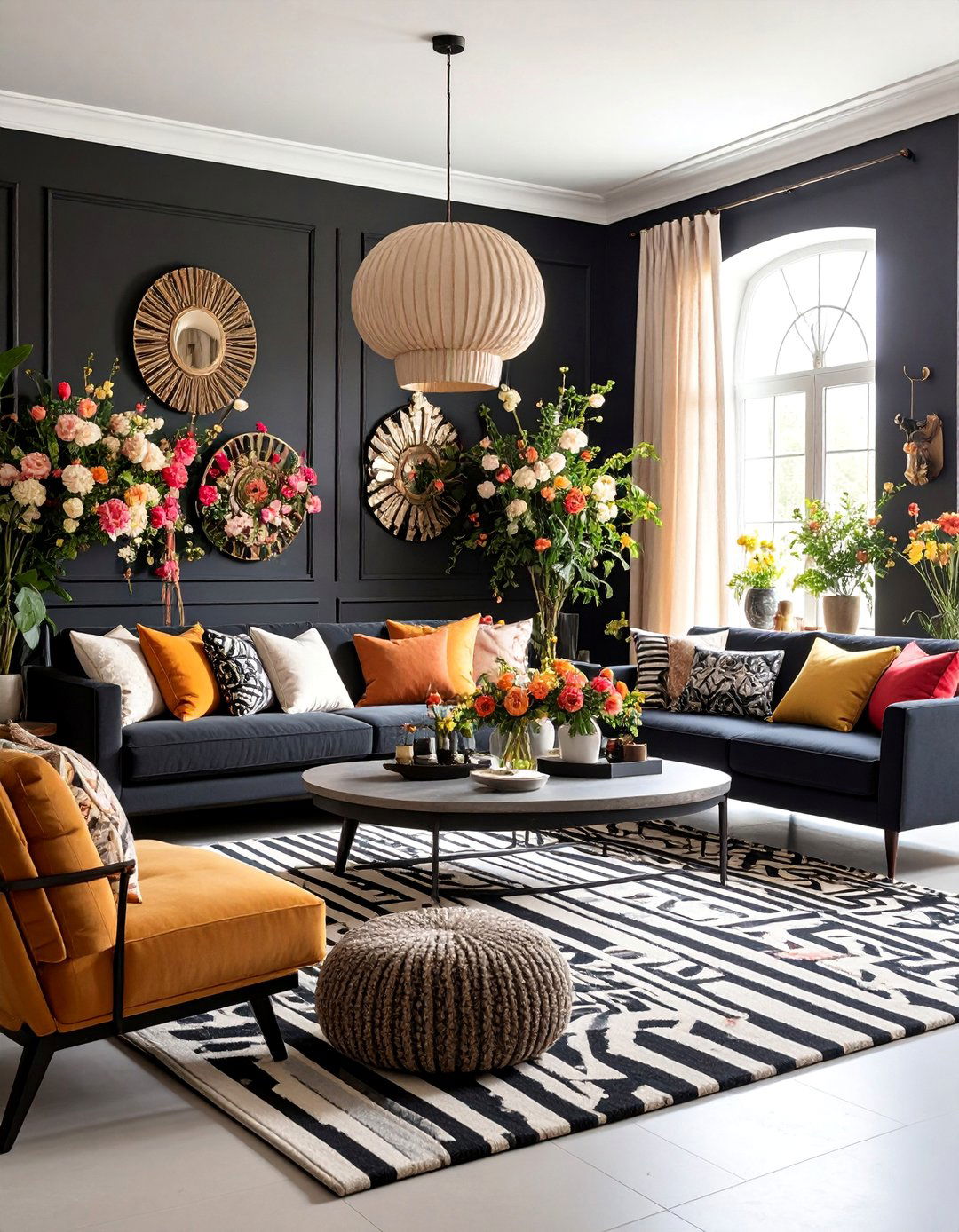 Black Maximalist Living Room with Bold Patterns - 25 Black Living Room Ideas