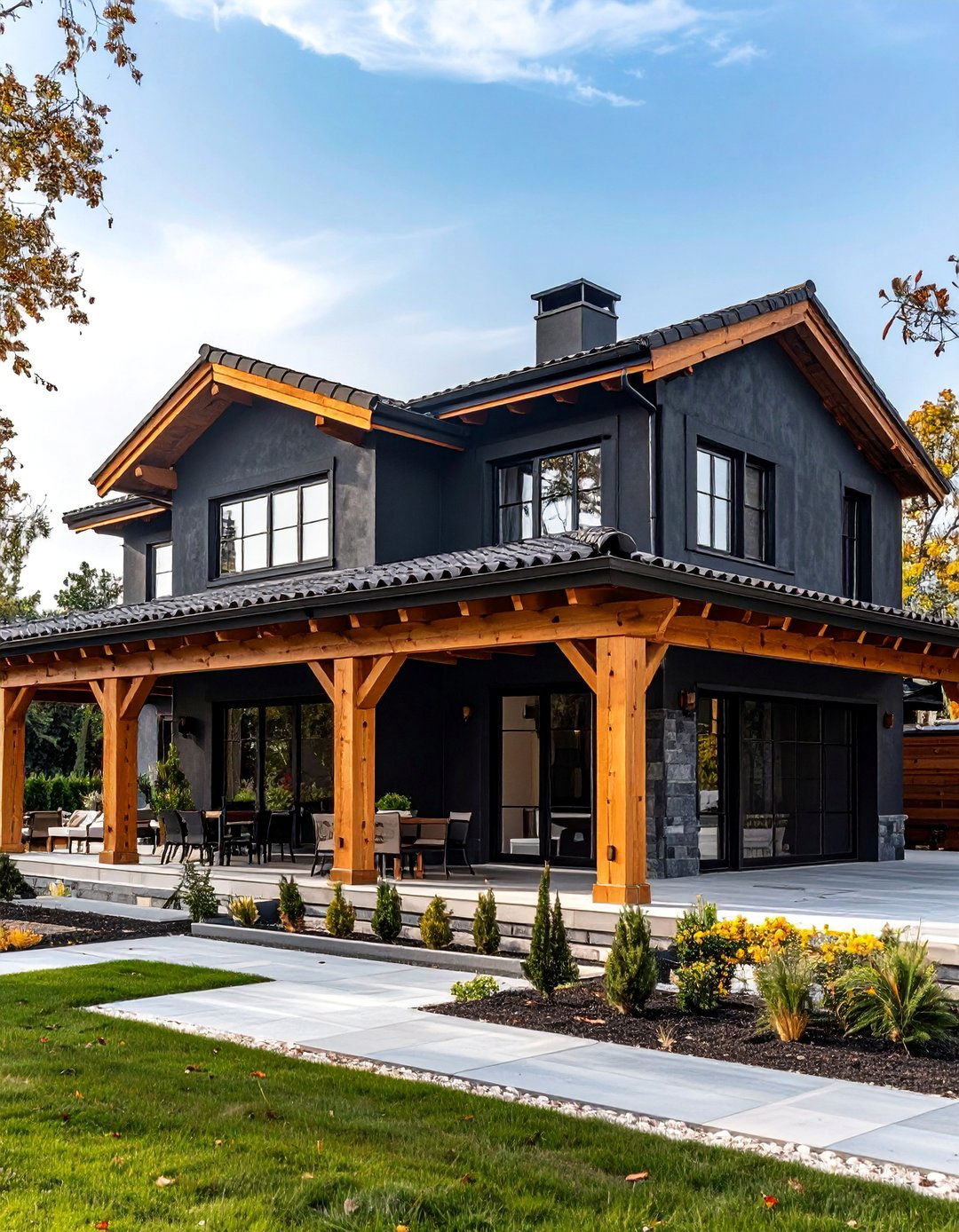 Black Mediterranean Villa with Cedar Pergola Features - 25 Black House With Cedar Accents
