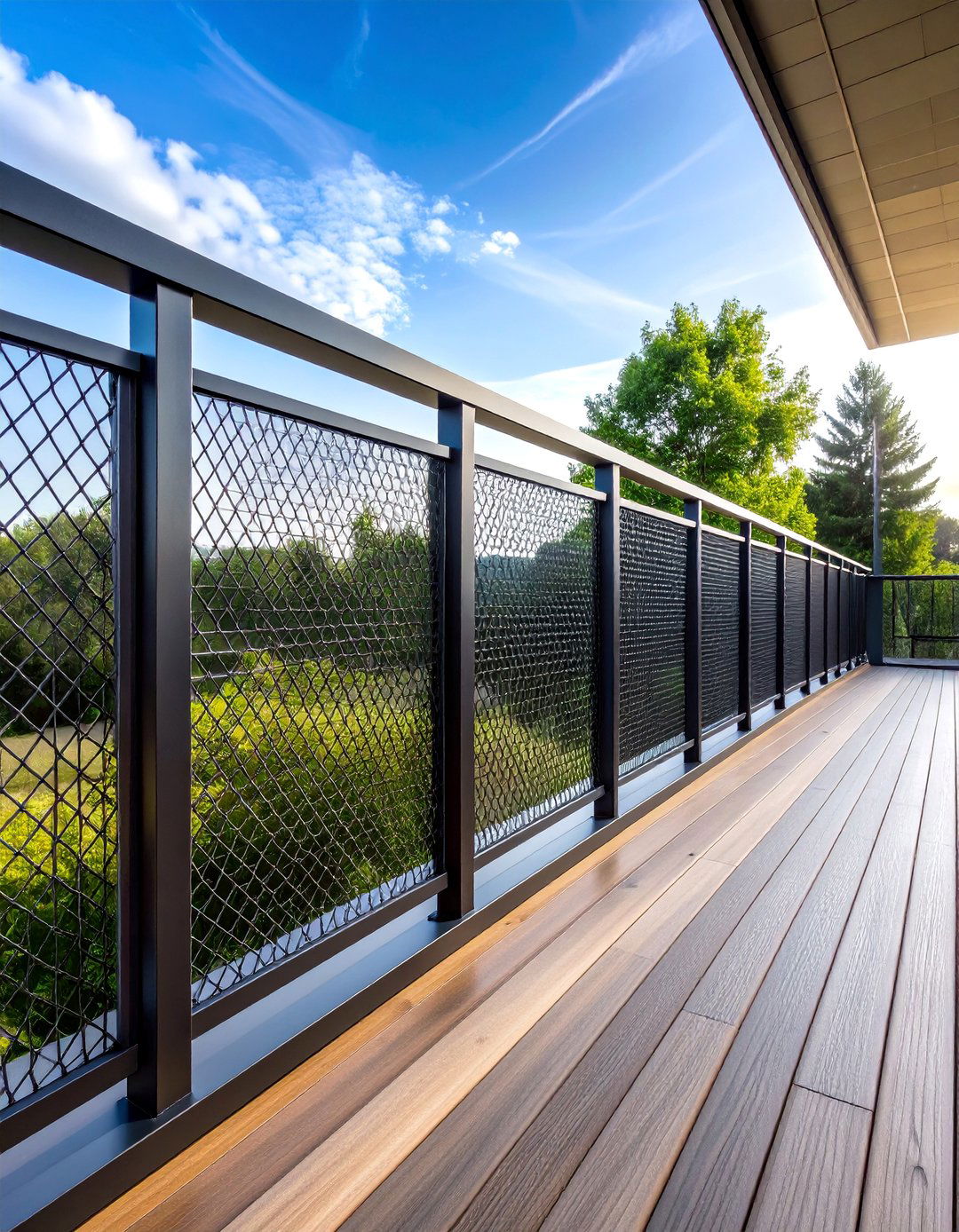 Black Mesh Panel Deck Railing with Industrial Design - 25 black deck railing ideas