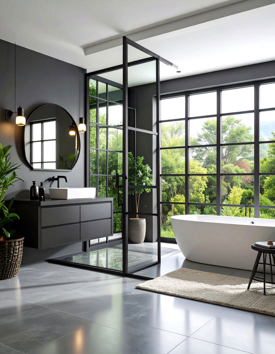 Black Metal Frame Glass Door with Grid Pattern - 25 Bathroom Door Ideas
