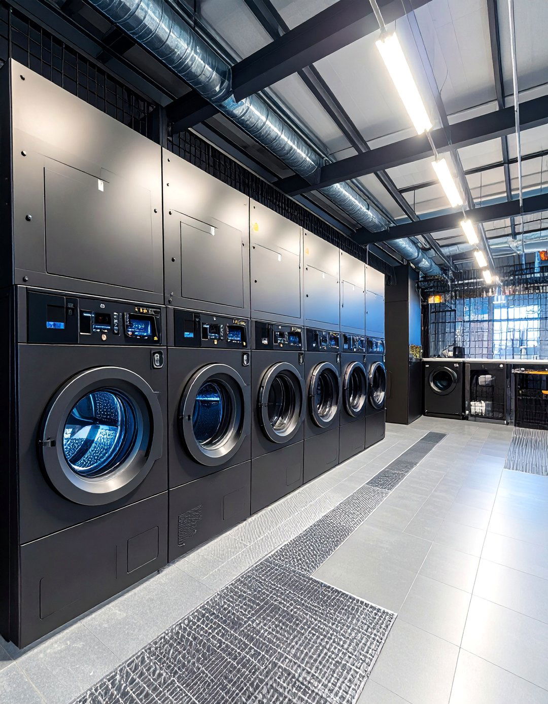Black Metal Grid Industrial Laundry Room - 25 dark & moody laundry room ideas