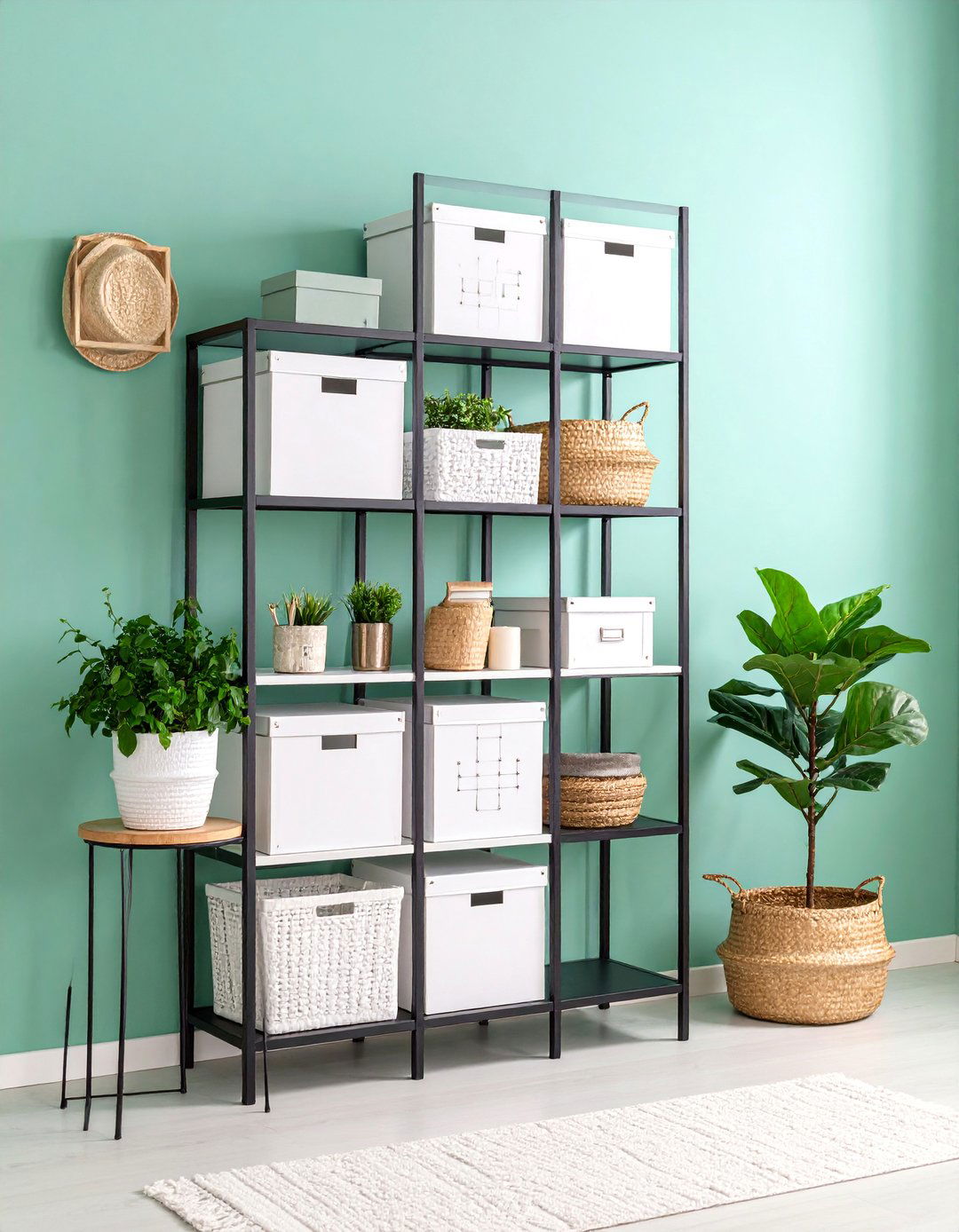 Black Metal Hall Tree with White Storage Cubes - 25 Black and White Entryway Design Ideas