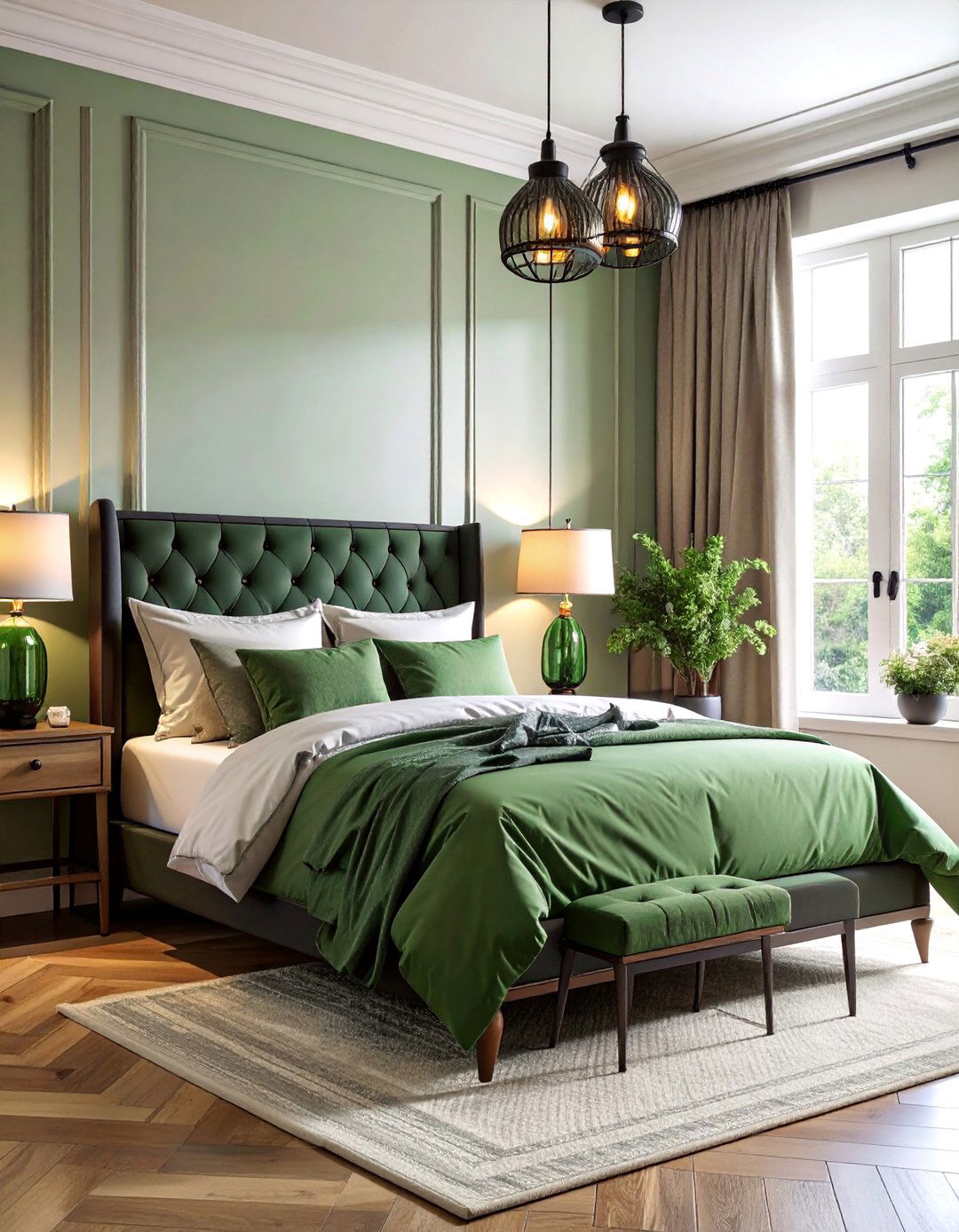 Black Metal Lighting with Green Glass Shades - 25 Black and Green Bedroom Design Ideas