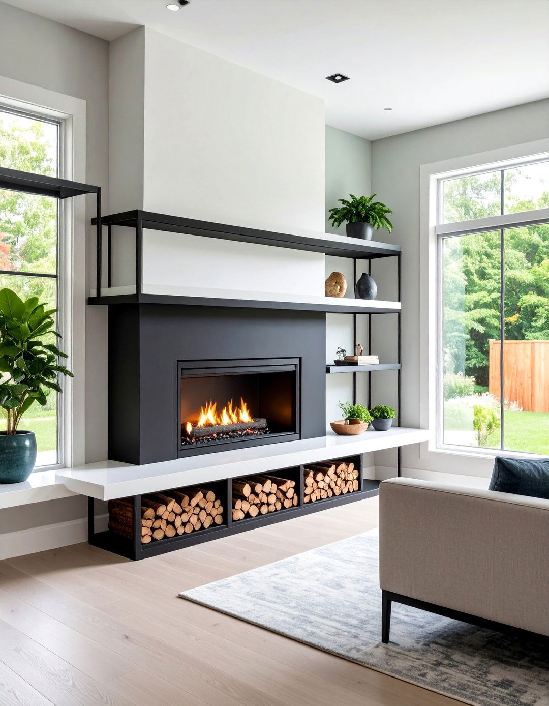 Black Metal Linear Fireplace with White Floating Shelves - 25 Black and White Fireplace Ideas