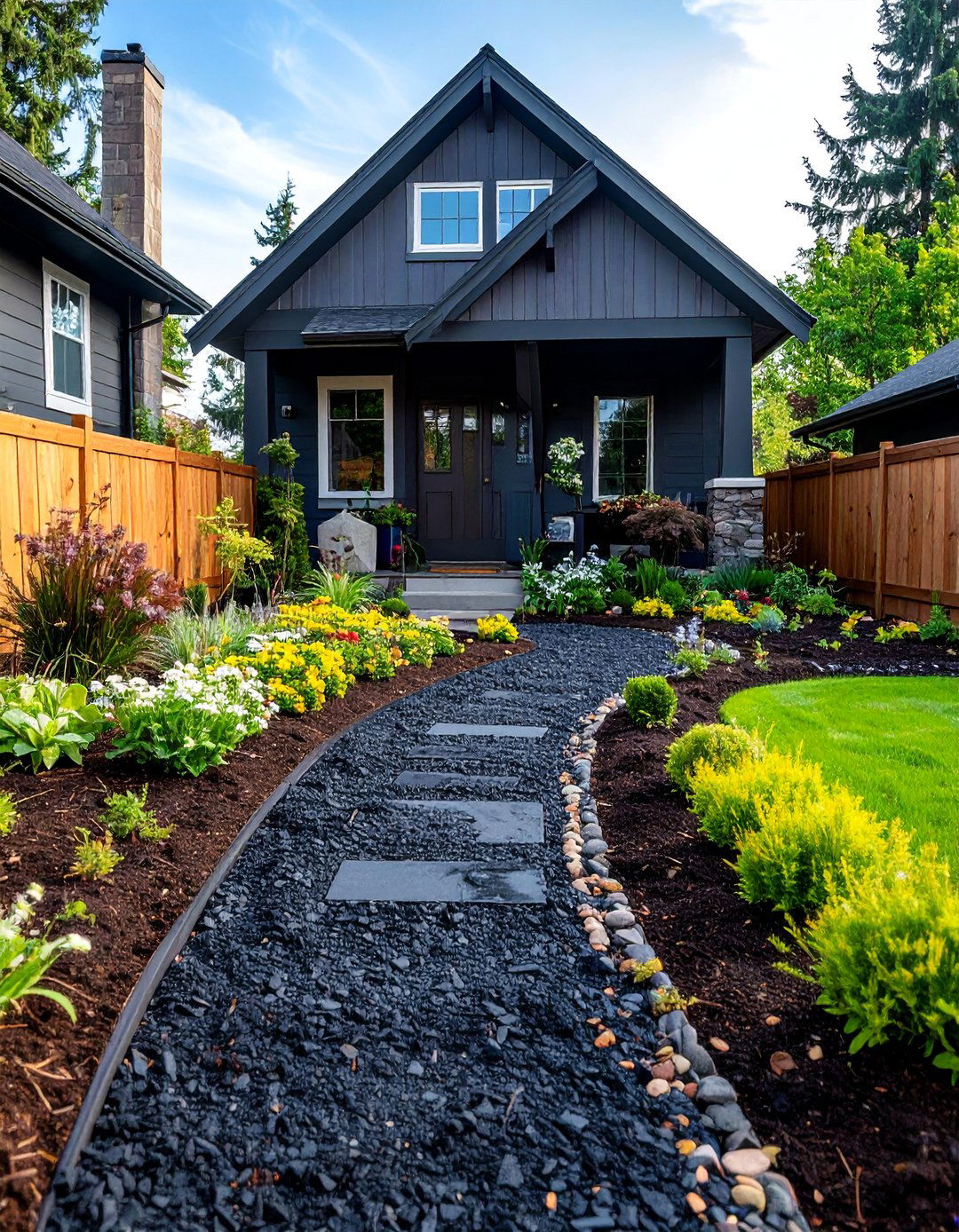 Black Mulch Entrance Garden with Welcoming Design - 25 Black Mulch Landscaping Ideas
