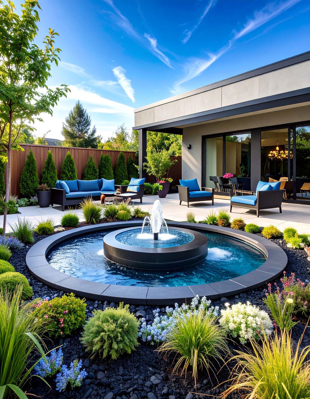 Black Mulch Modern Water Feature Patio - 25 mulch patio ideas