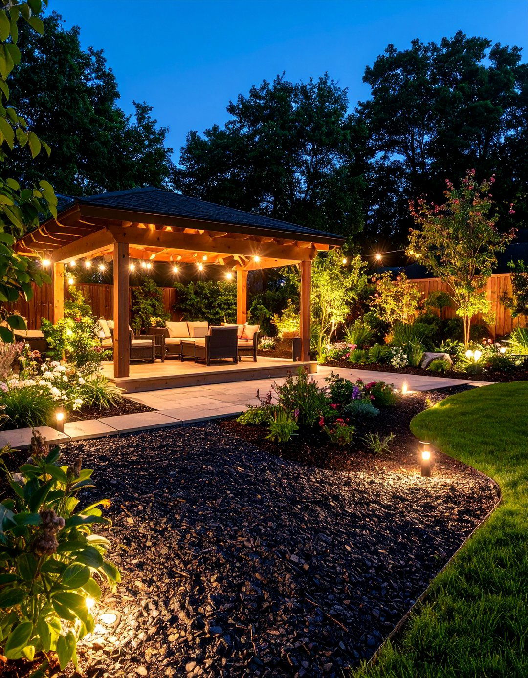 Black Mulch Nighttime Garden with Lighting Features - 25 Black Mulch Landscaping Ideas