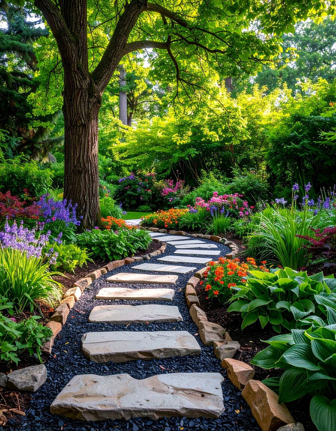 Black Mulch Tree Rings with Natural Stone Edging - 25 Black Mulch Landscaping Ideas