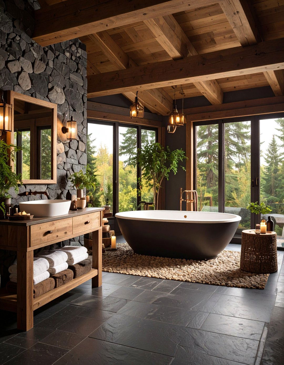 Black Natural Stone Rustic Bathroom Floor - 25 Black Floor Bathroom Ideas