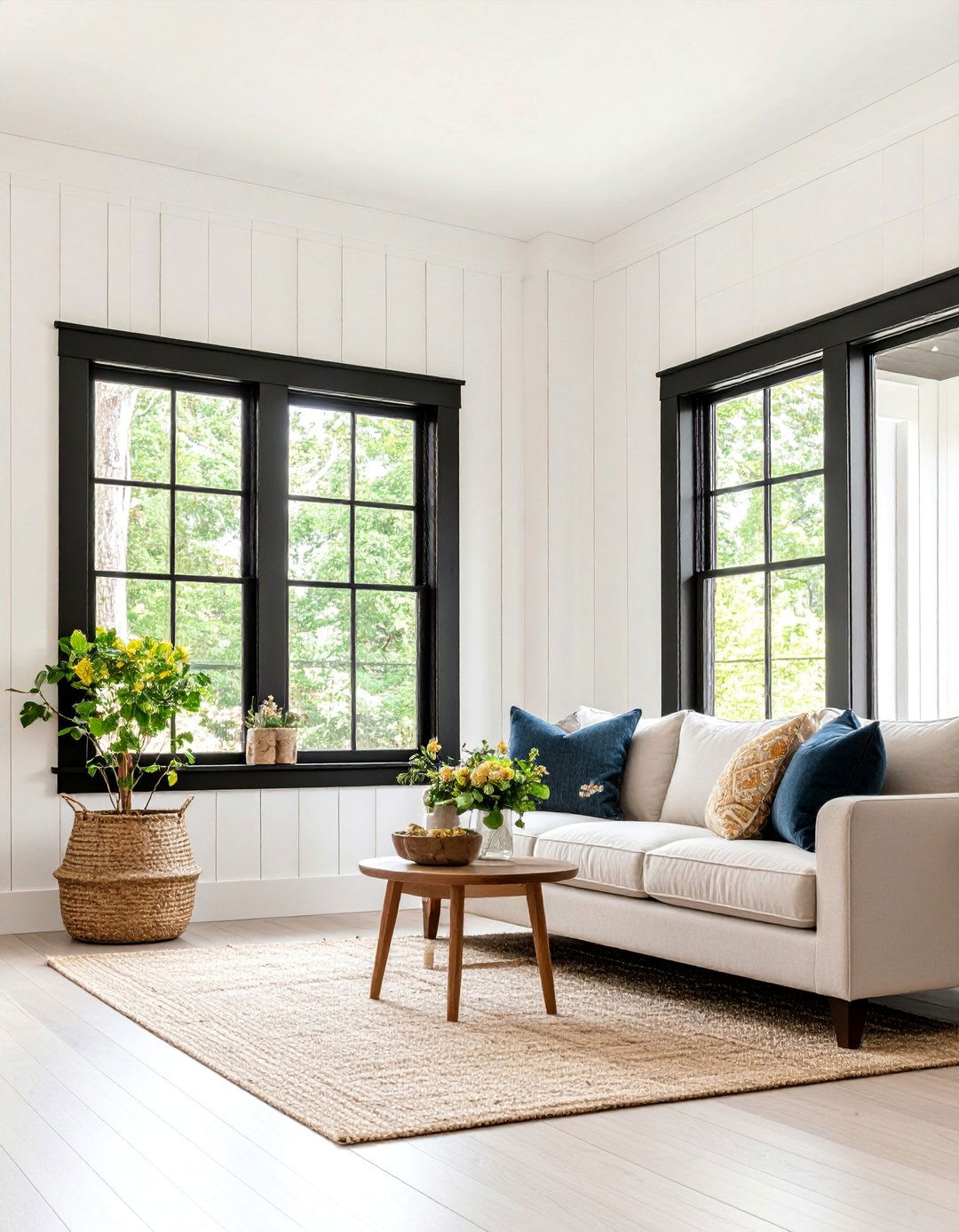 Black Painted Window Trim with Modern Contrast - 25 Farmhouse Interior Window Trim Ideas