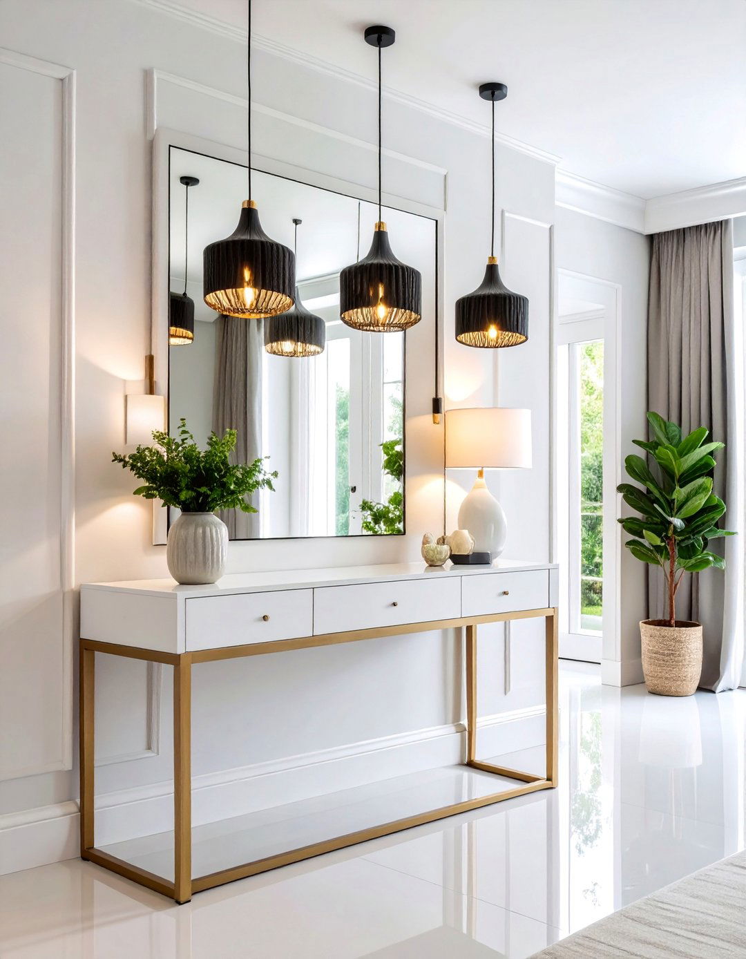 Black Pendant Lighting with White Console Table - 25 Black and White Entryway Design Ideas