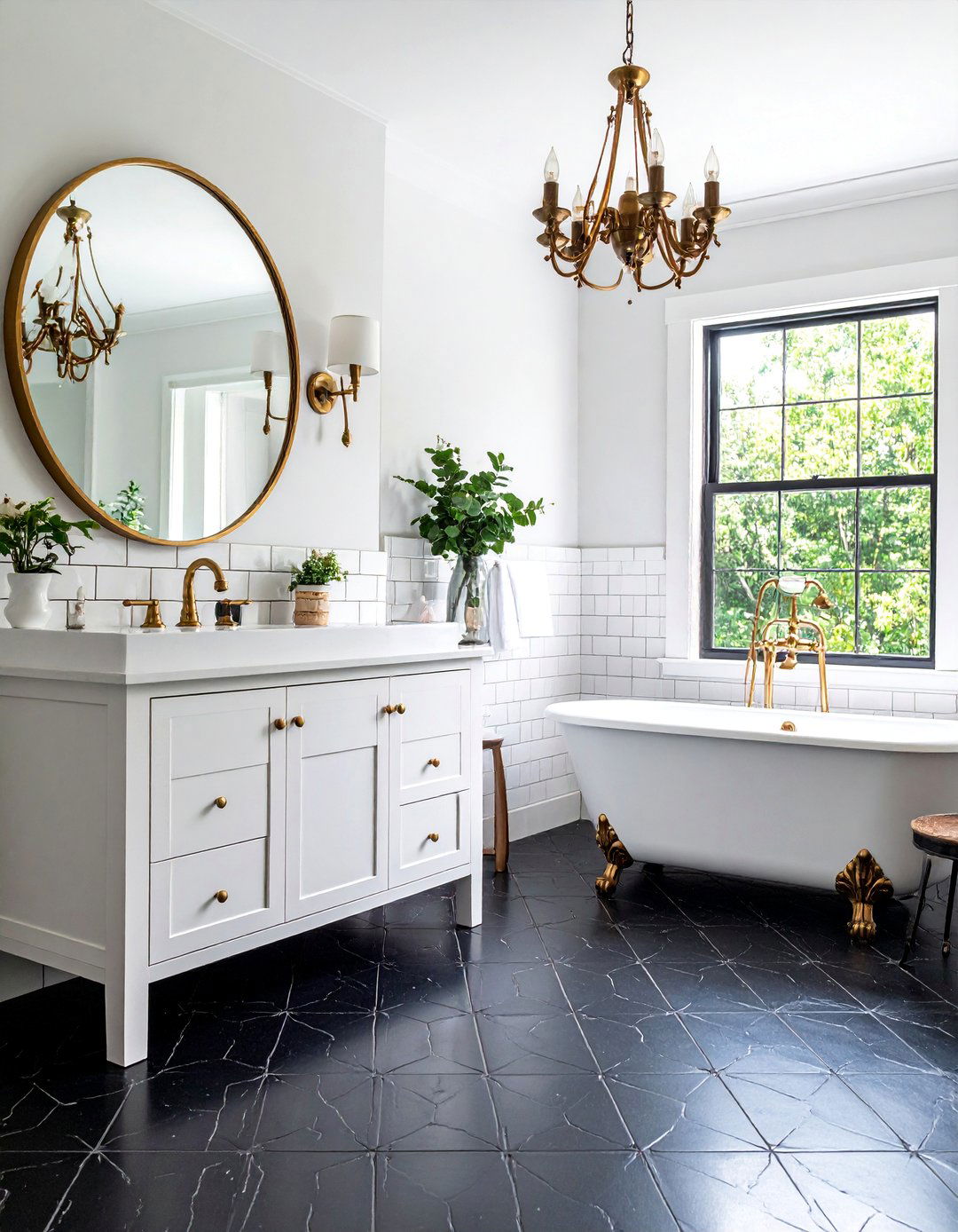 Black Penny Tile Floor with White Vanity - 25 Black and White Powder Room Ideas