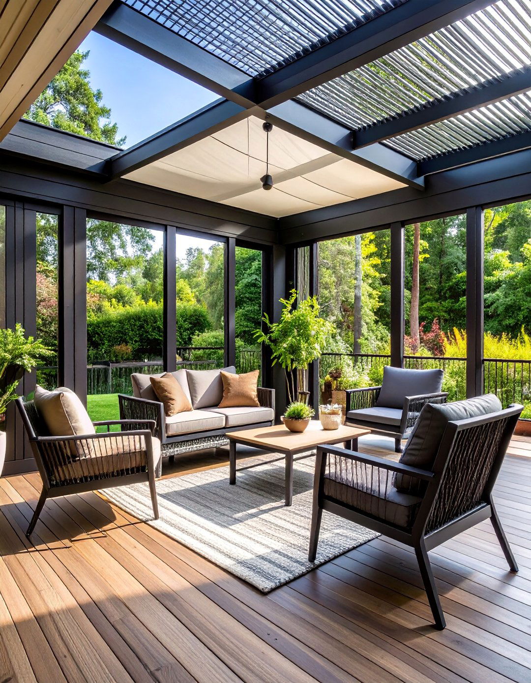 Black Privacy Screen Porch with Intimate Seating - 25 Black Porch Ideas