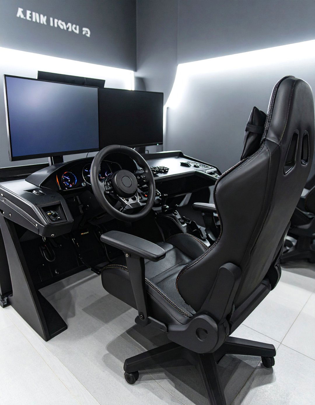 Black Racing Simulator Gaming Setup - 25 Black Gaming Room Ideas