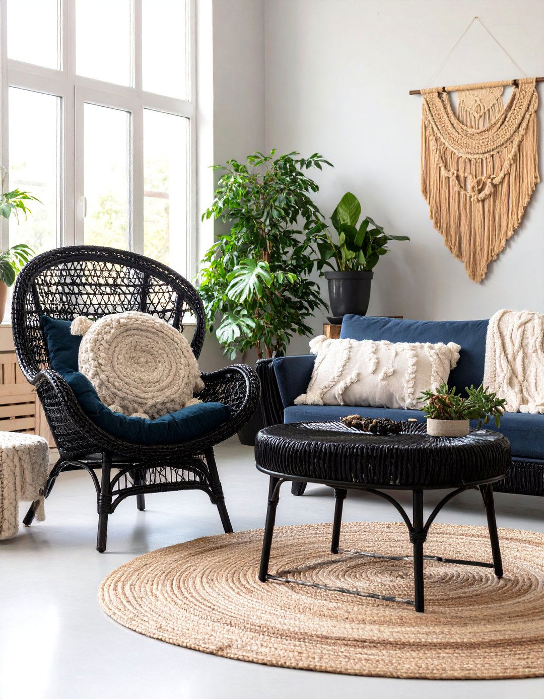 Black Rattan Paradise with White Textiles - 25 Black and White Boho Living Room Ideas