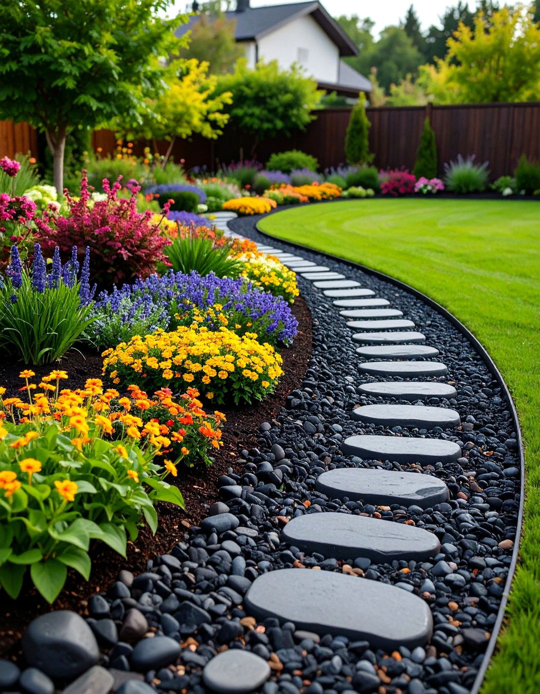 Black Rock Garden Bed Edging - 25 Black River Rock Landscaping Ideas