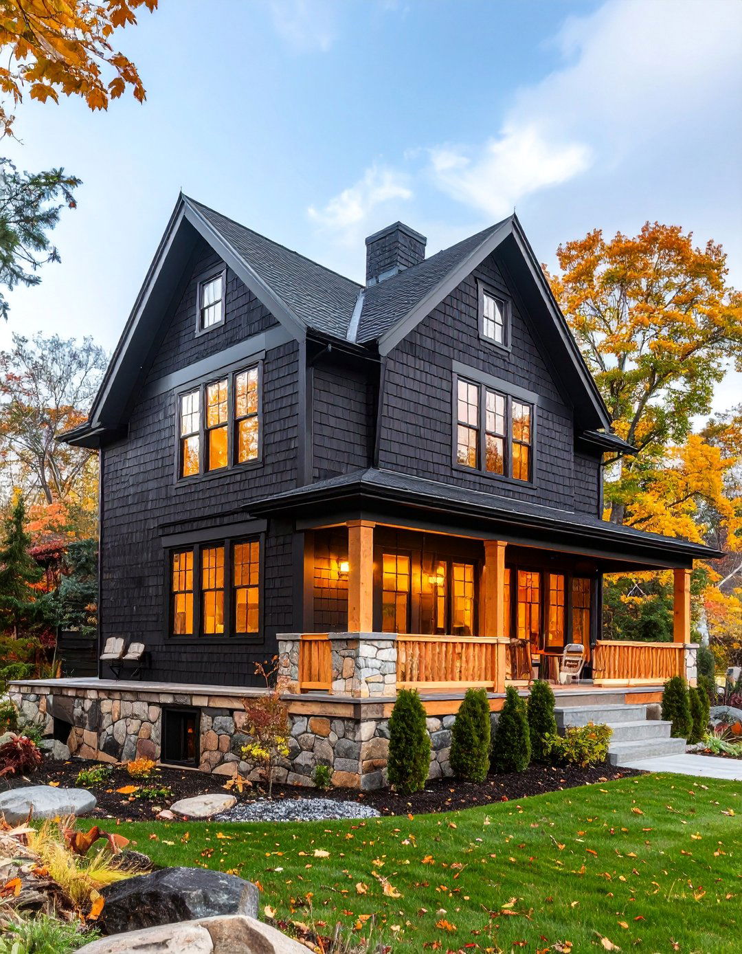 Black Saltbox Style with Cedar Shake Accent Panels - 25 Black House With Cedar Accents