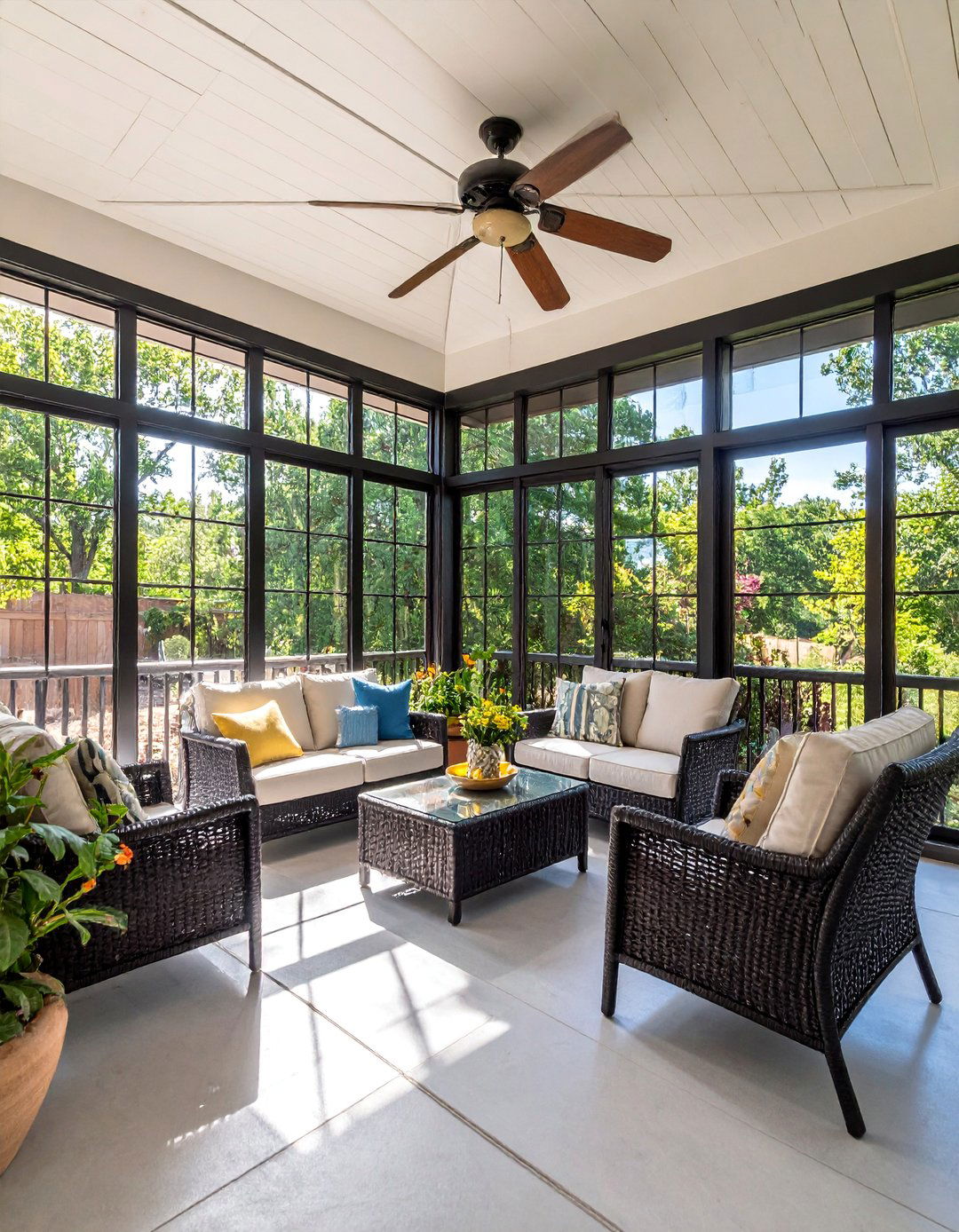 Black Screened Porch with Cozy Seating - 25 Black Porch Ideas