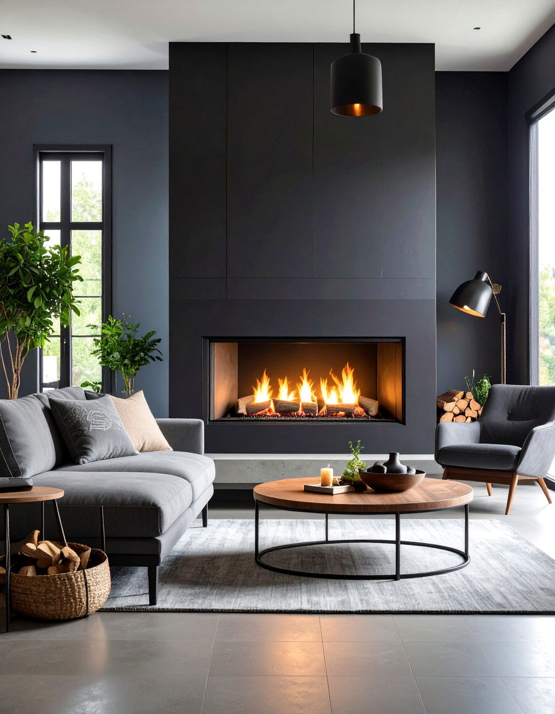 Black Shiplap Fireplace with Concrete Hearth Extension - 25 Black Shiplap Fireplace Ideas